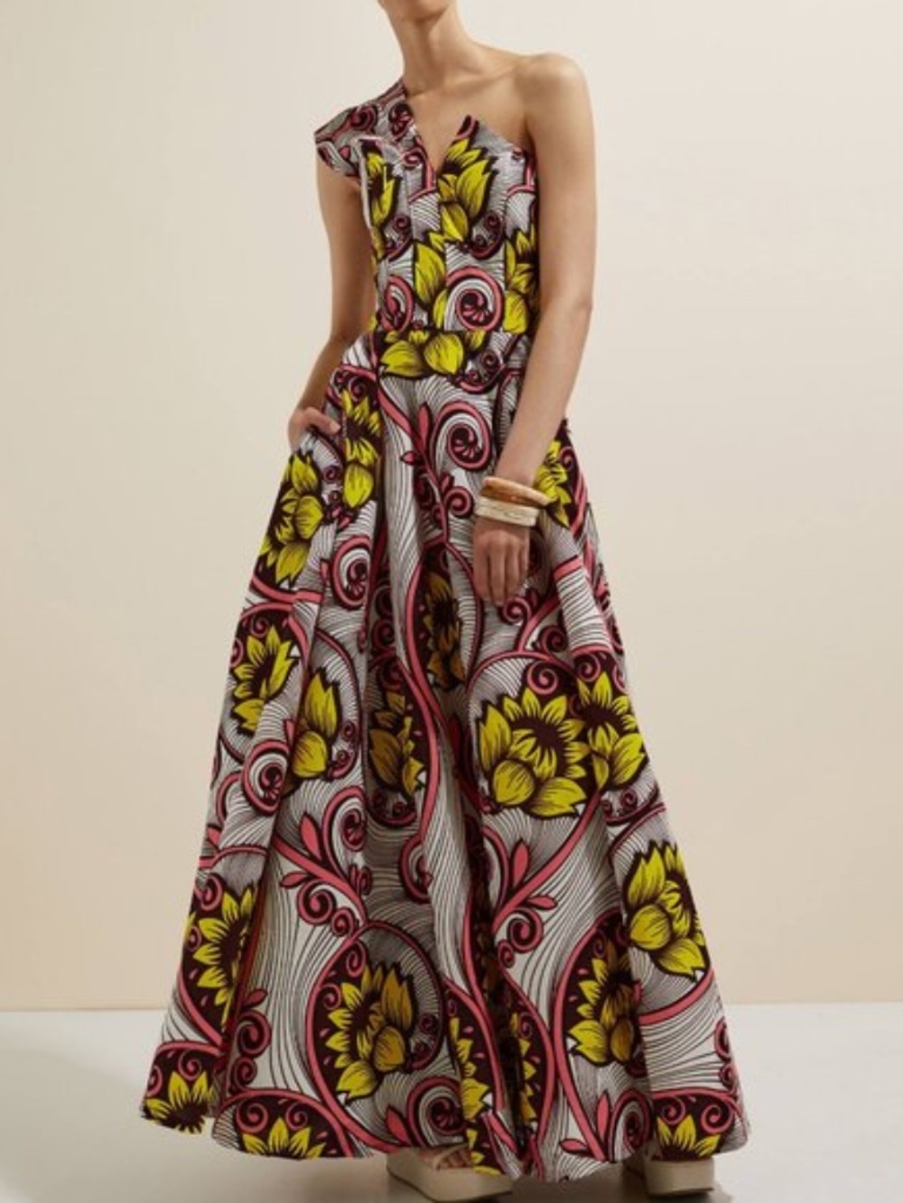 SIKA + Anthropologie One Shoulder Bold Floral Print Gown Pink & Yellow Sz 8